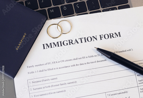 Immigration form and passport for marriage. Application to register permanent residence. 