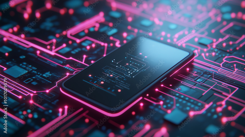 A smartphone rests on a vibrant, circuit-patterned surface with arrows illustrating data transfer and digital processing. The glowing neon highlights surrounding the device evoke a A smartphone rests on a vibrant, circuit-patterned surface with arrows illustrating data transfer and digital processing. The glowing neon highlights surrounding the device evoke a