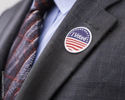 A man wearing a suit and tie with a button that says I voted