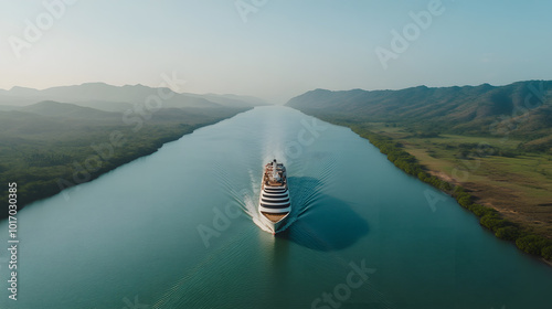 Aerial Shot of El Canal de Panama Excludes in Daytime | Stunning View of the Panama Canal Locks and Maritime Traffic photo