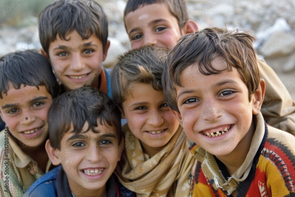 Group of children standing in the middle of the desert and smiling. Group of children standing in the middle of the desert and smiling.
