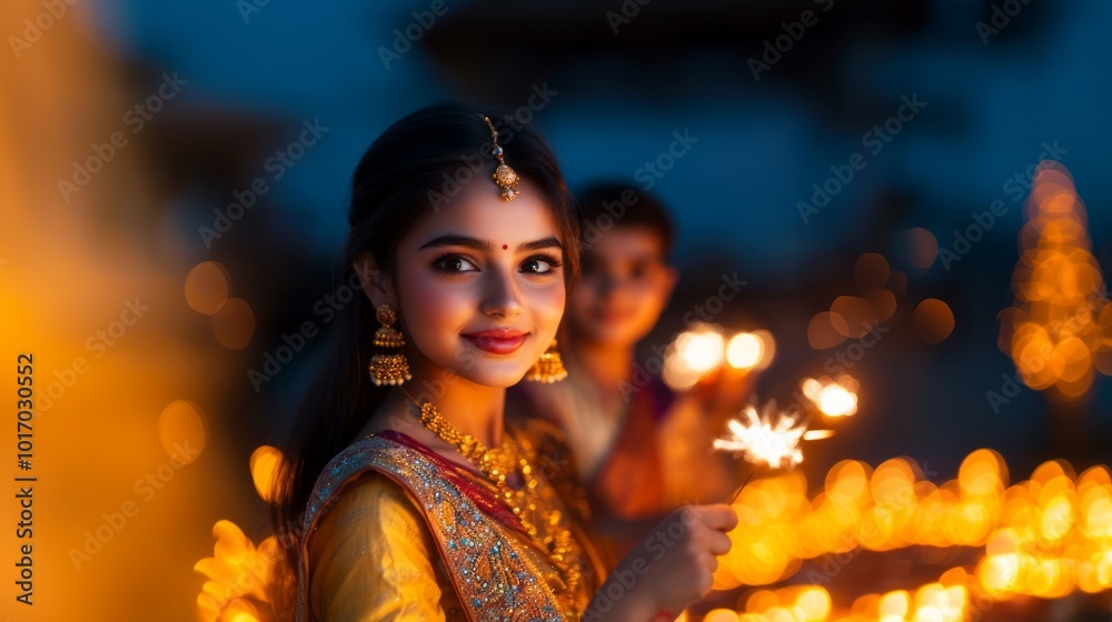 Beautiful indian woman in traditional dress holding a sparkles Beautiful indian woman in traditional dress holding a sparkles
