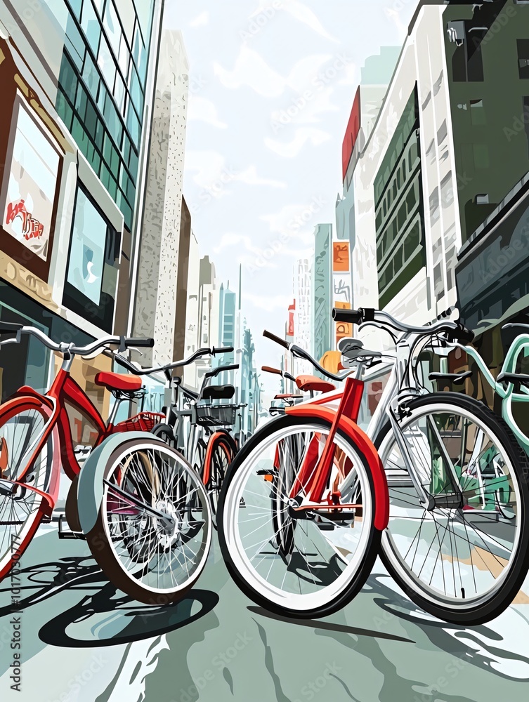 A row of red bicycles parked on a city street, with tall buildings in the background. A row of red bicycles parked on a city street, with tall buildings in the background.