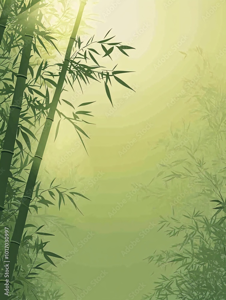 Fototapeta premium A serene bamboo forest scene with a misty background and sunlit leaves.
