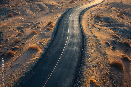 Serpentine Road Through Desert Landscape at Sunset