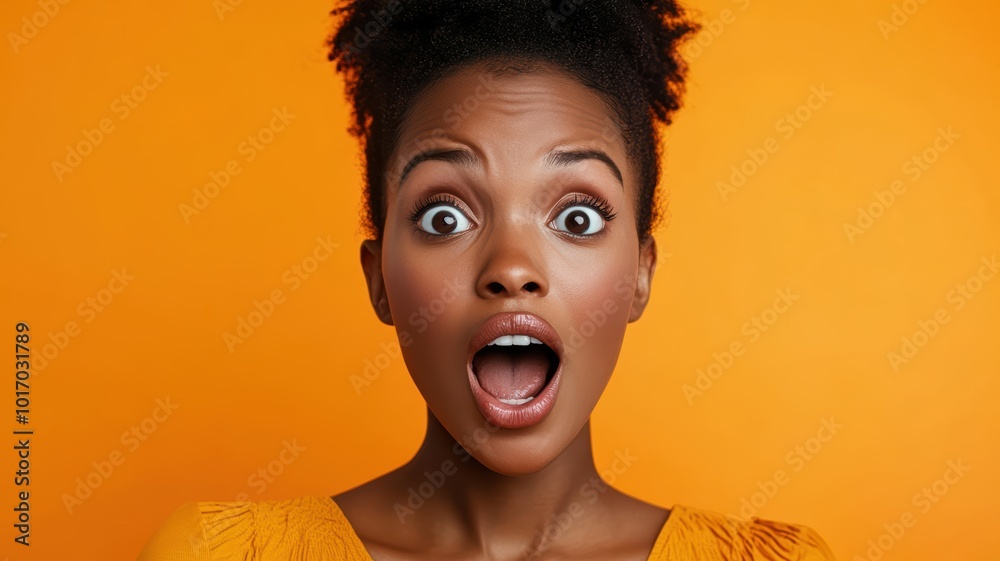 Close-up of a surprised woman with wide eyes and open mouth, expressing shock or amazement, set against a vibrant orange background.