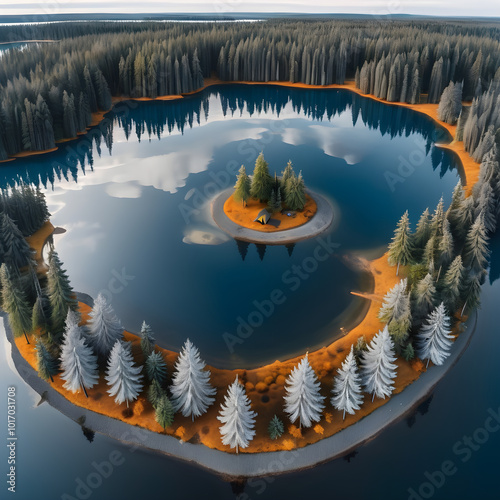 Take in the beauty of nature with a drone's eye view of tiny islands on a lake. Witness the mirroring effect, gray-blue shades, and gloomy botanical details that make this aerial shot truly mesmerizin photo