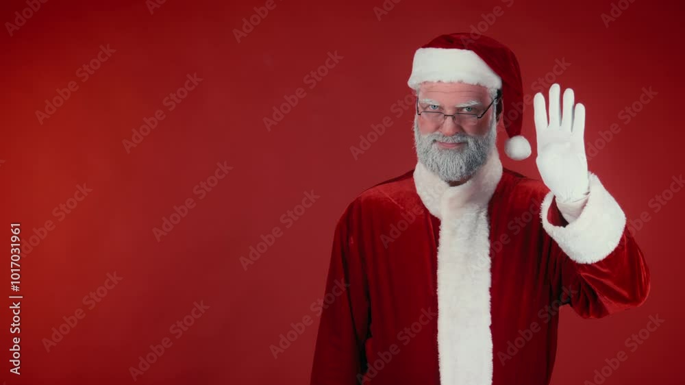 Medium stab portrait of cheerful Santa Claus counting five seconds and celebrating onset of Christmas, popping party cannon, confetti falling from everywhere on red background, template or copy space
