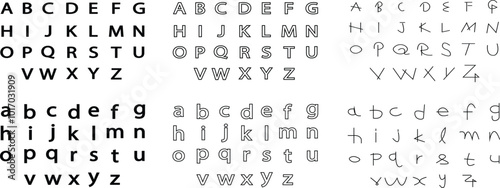 Alphabet cubes line and flat icon set, abc and toy, block sign, vector graphics, a linear pattern isolated on transparent background. Hand drawn doodle style collection. capital and small letters.
