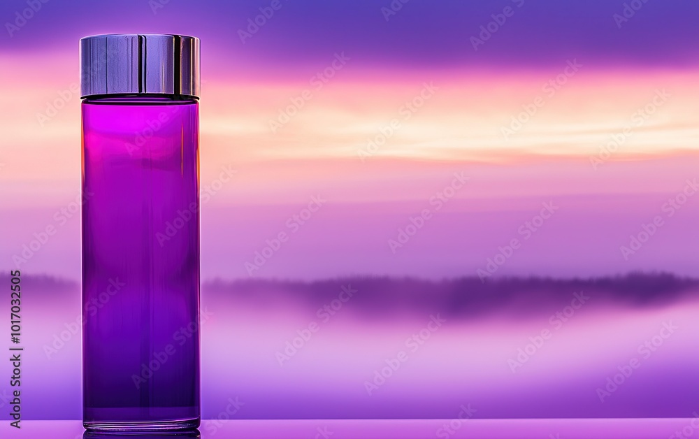 A striking purple liquid stands in a sleek bottle against a vibrant sunset backdrop reflecting hues of purple and pink A striking purple liquid stands in a sleek bottle against a vibrant sunset backdrop reflecting hues of purple and pink