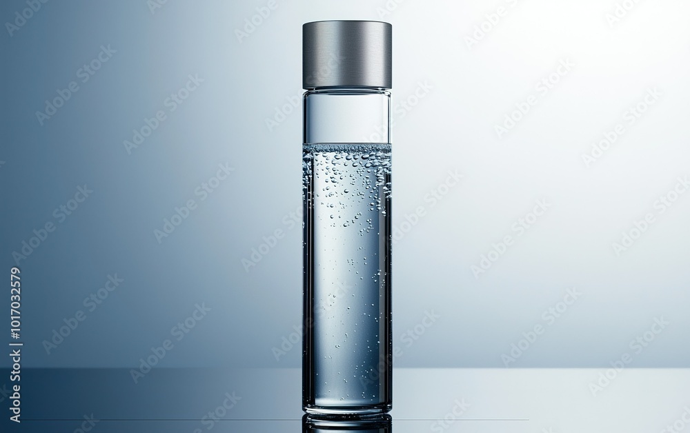 Clear glass bottle filled with sparkling water against a softly lit background Clear glass bottle filled with sparkling water against a softly lit background