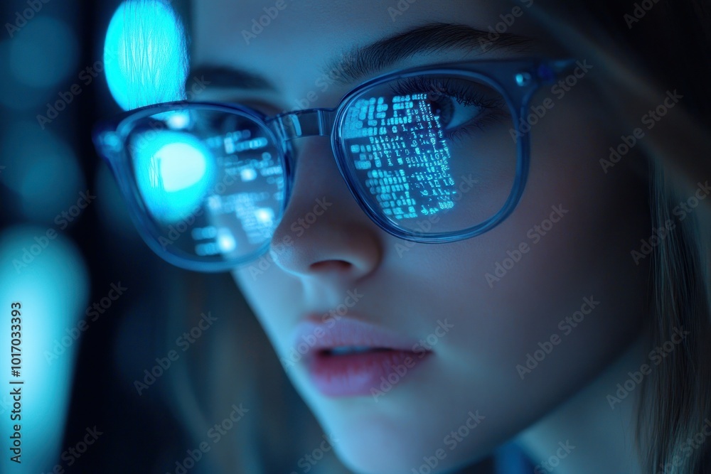 Young Woman Analyzing Complex Data in Focused Environment Young Woman Analyzing Complex Data in Focused Environment