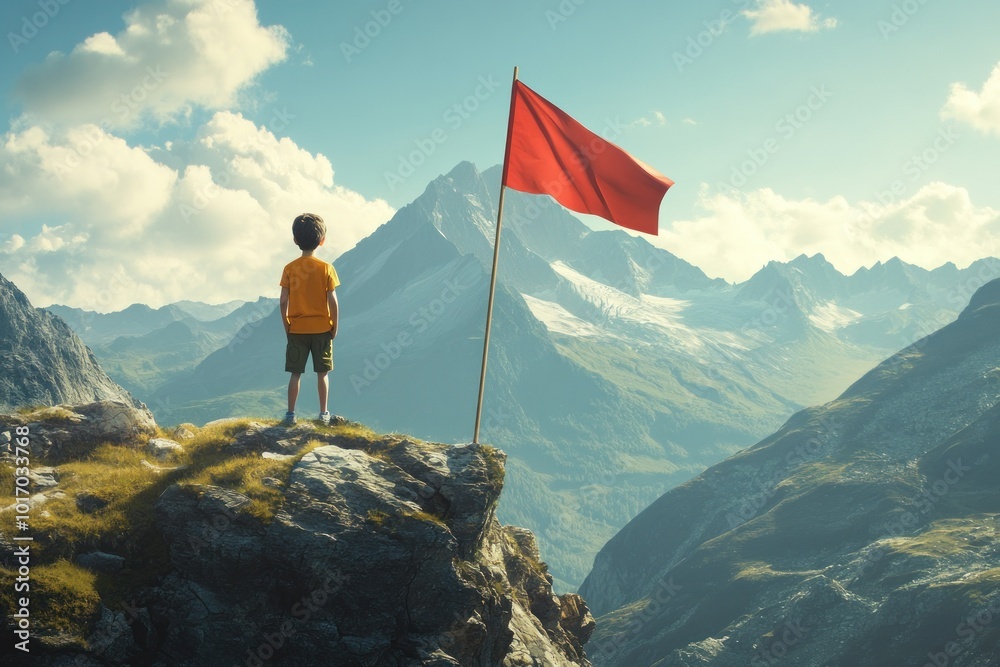 Obraz premium Young Boy on Rocky Cliff Gazing at Distant Mountains