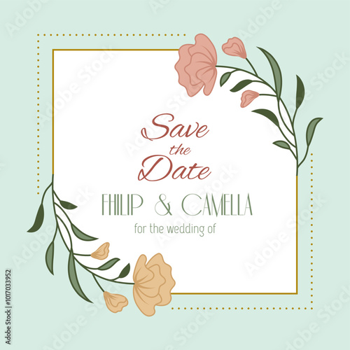 wedding invitation. save date poster with decorative floral square design. vector template with place for personal text