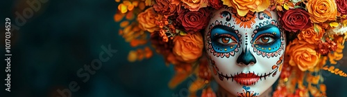 A striking female figure adorned in traditional Day of the Dead attire, perfect for themed events, celebrations, or marketing materials surrounding Dia De Los Muertos.