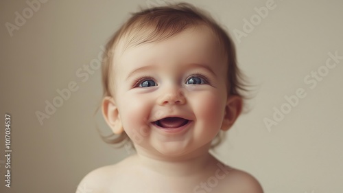 Happy baby smiling against a warm, golden bokeh background, creating a soft and joyful atmosphere.