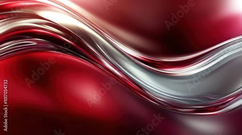 Abstract flowing waves in red and silver tones create a dynamic visual effect.