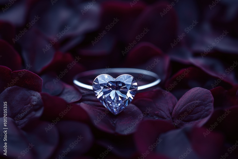 A heart-shaped diamond ring floating in the middle of dark purple petals, with moody lighting Generative AI