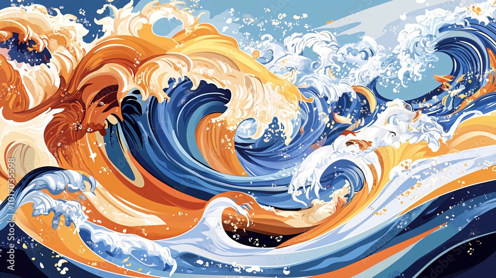 Abstract illustration of stylized ocean waves in blue, orange, and white. Abstract illustration of stylized ocean waves in blue, orange, and white.