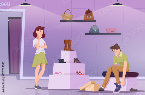 clothing store. man trying new shoes. vector happy customers