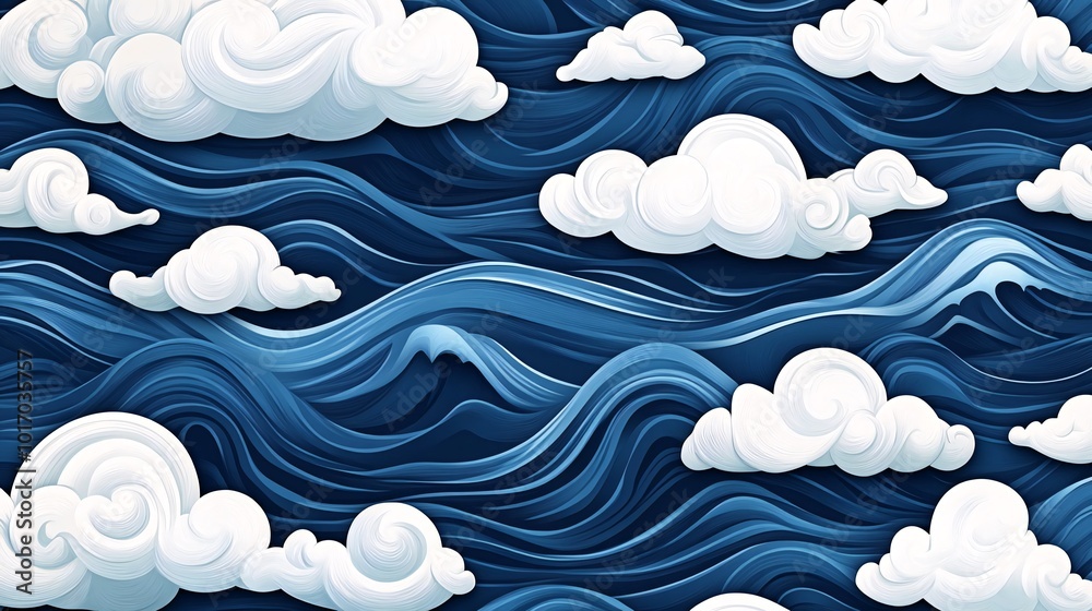 Abstract seamless pattern of white clouds over blue wavy sea. Abstract seamless pattern of white clouds over blue wavy sea.