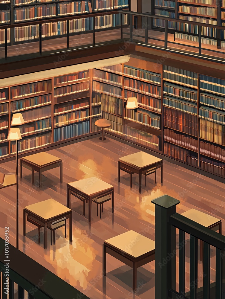 An empty library with bookshelves, tables, and lamps. An empty library with bookshelves, tables, and lamps.