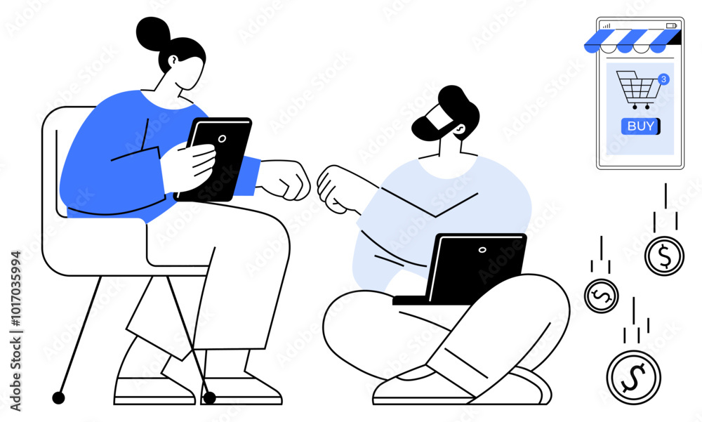 Two people interact, one on a chair with a tablet another on the floor with a laptop and online store and floating coins. Ideal for e-commerce, online shopping, digital transactions, team