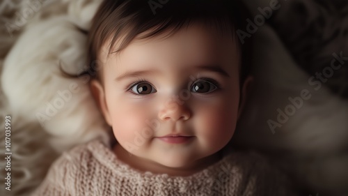 Happy baby smiling against a warm, golden bokeh background, creating a soft and joyful atmosphere.