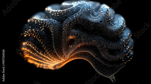 Digital illustration of futuristic AI brain with glowing dots and dark background