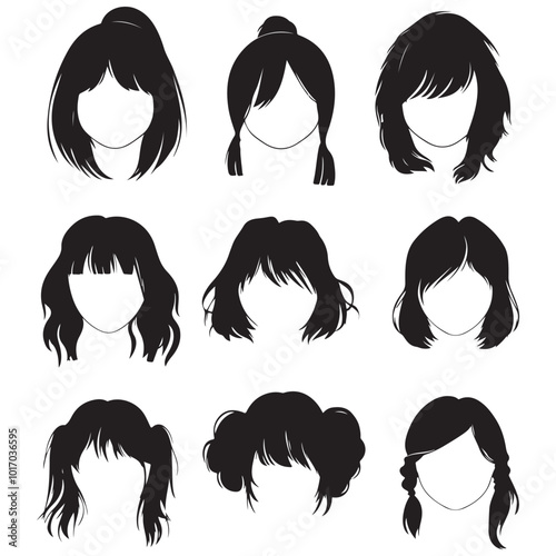 Female fashion hairstyle set. Woman head with haircuts, ponytail and bun, hair styles silhouette flat vector, Different various hairstyles icon
