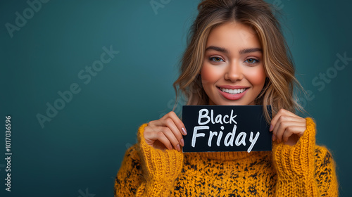 Smiling woman holding Black Friday sign against blue background, excited about shopping event, perfect promotional banner for holiday sales and discounts photo