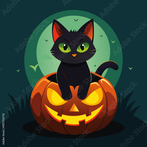 Halloween cat sitting on pumpkin