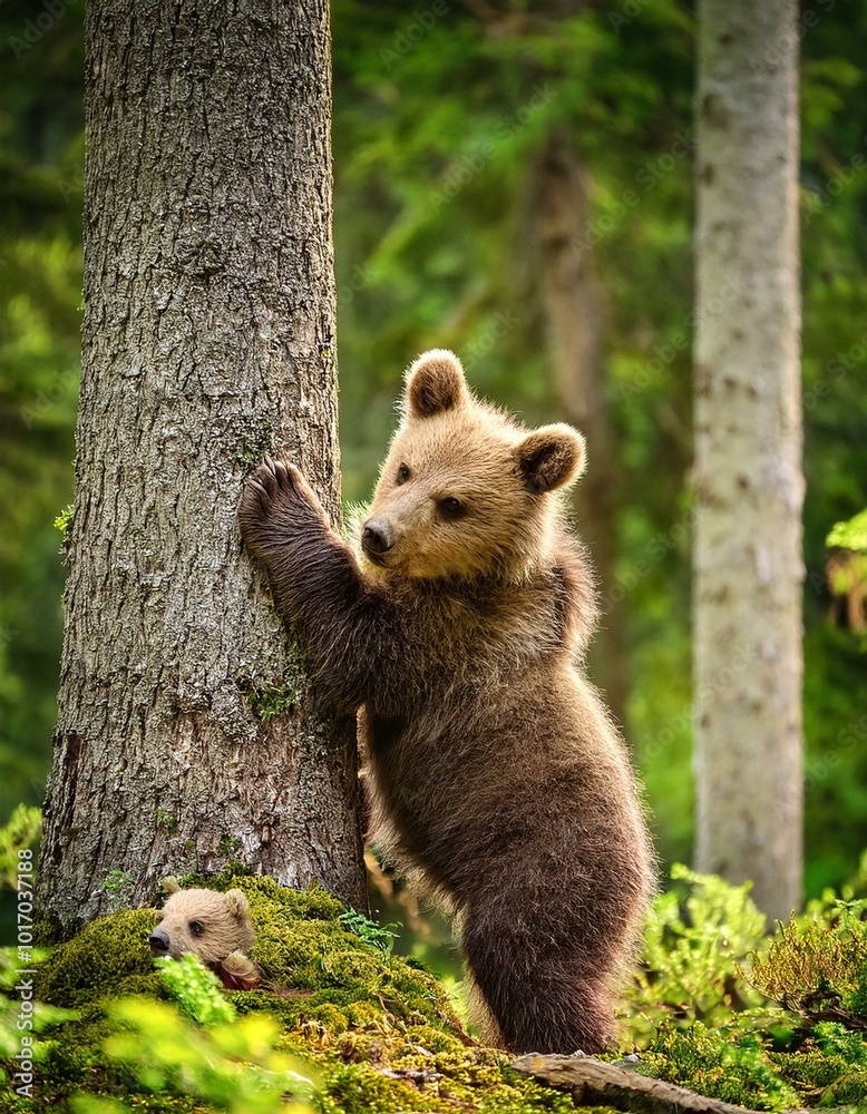 Obraz premium 青々と茂る森の中で、心豊かな子グマが木に登ったり、葉っぱをかき分けたりしながら遊んでいます。母グマは優しく見守りつつ、木の実や果物を見つけて食べている