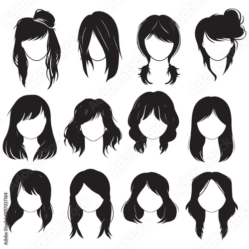 Female fashion hairstyle set. Woman head with haircuts, ponytail and bun, hair styles silhouette flat vector, Different various hairstyles icon