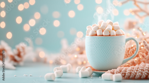 Hot chocolate with marshmallows in a blue mug, cozy winter beverage, Christmas holiday treat, warm and comforting drink with soft bokeh lights background photo