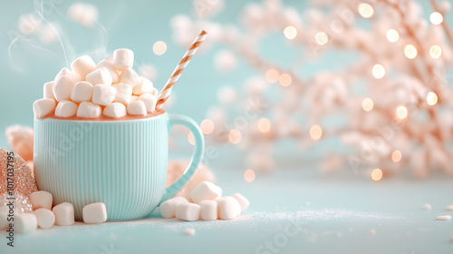 Hot chocolate with marshmallows in a blue mug, cozy winter beverage, Christmas holiday treat, warm and comforting drink with soft bokeh lights background photo