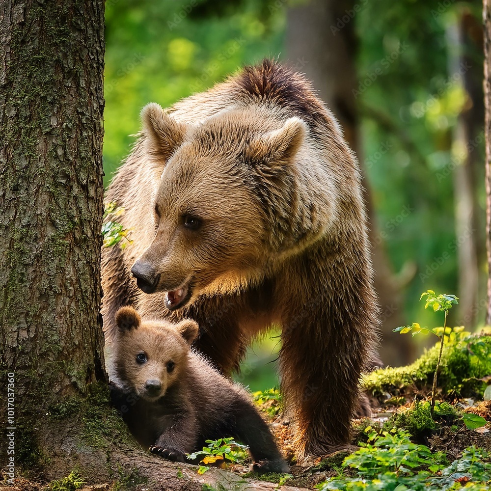 Fototapeta premium 青々と茂る森の中で、心豊かな子グマが木に登ったり、葉っぱをかき分けたりしながら遊んでいます。母グマは優しく見守りつつ、木の実や果物を見つけて食べている