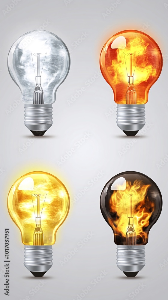 Four light bulbs, one with a cool white glow, one with a warm white glow, one with an orange glow, and one with a black and orange glow. Four light bulbs, one with a cool white glow, one with a warm white glow, one with an orange glow, and one with a black and orange glow.