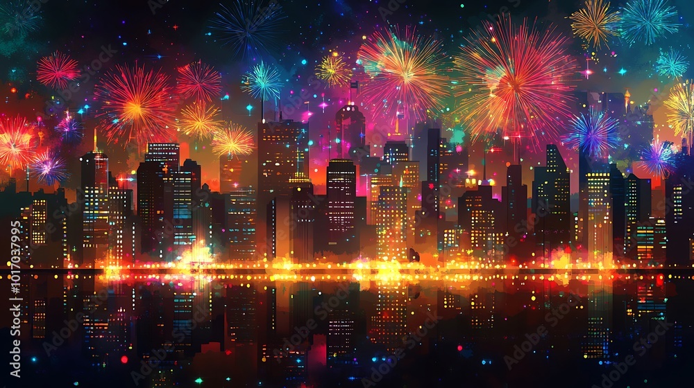 Fototapeta premium A vibrant display of fireworks explodes over a city skyline, illuminating the night sky with dazzling colors.