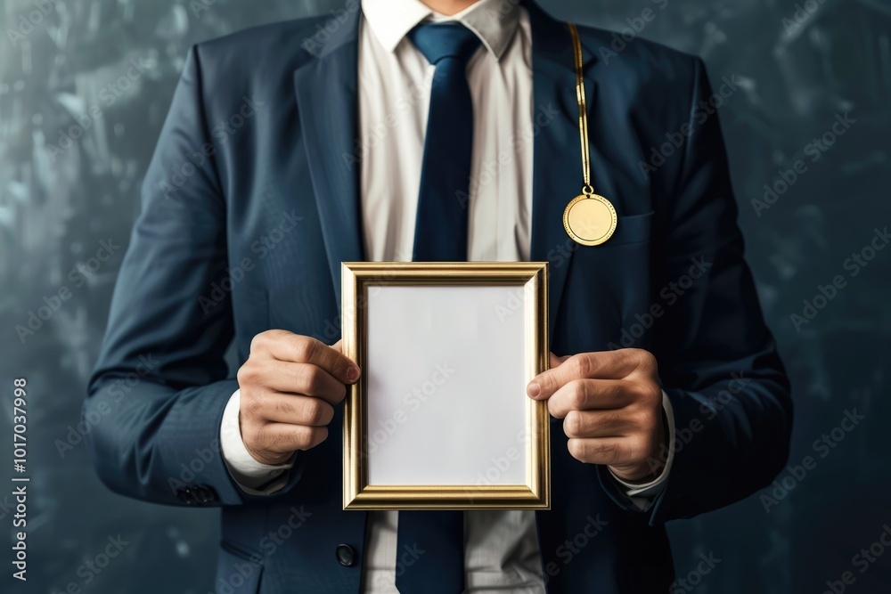 Manager receives top award mockup with gratitude letter and medal. Manager receives top award mockup with gratitude letter and medal.