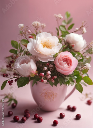 flower arrangement in a cup, soft pink roses, leaves and twigs