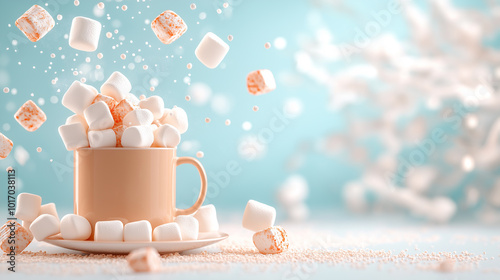 Overflowing cup of marshmallows in a pastel mug, flying marshmallows against soft blue background, festive winter treat, fun and playful holiday dessert concept photo