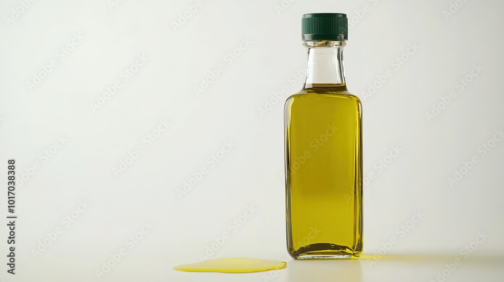 Glass bottle of olive oil with a small spill on a white background, highlighting its rich color and clarity in a minimalist setting
