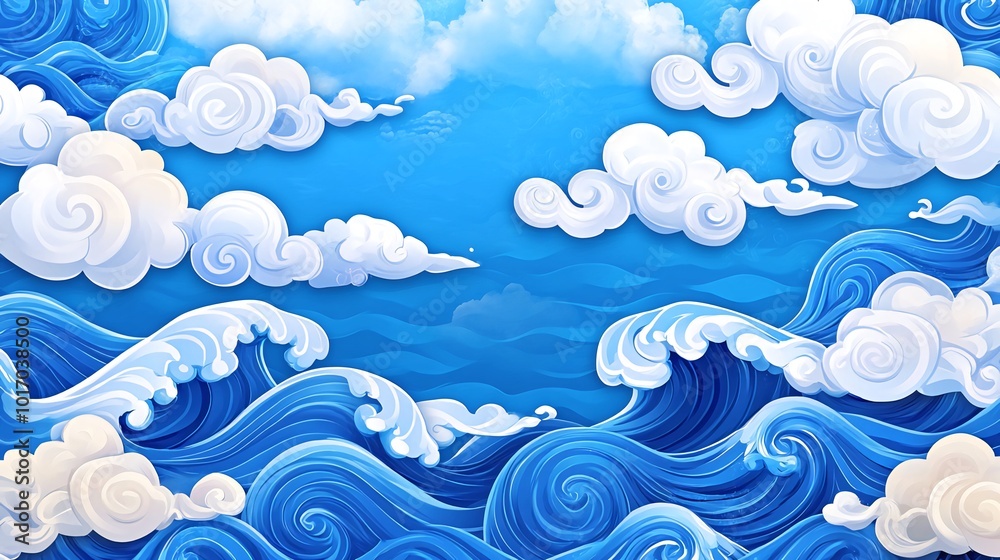 Illustration of stylized blue waves and white clouds against a blue sky. Illustration of stylized blue waves and white clouds against a blue sky.