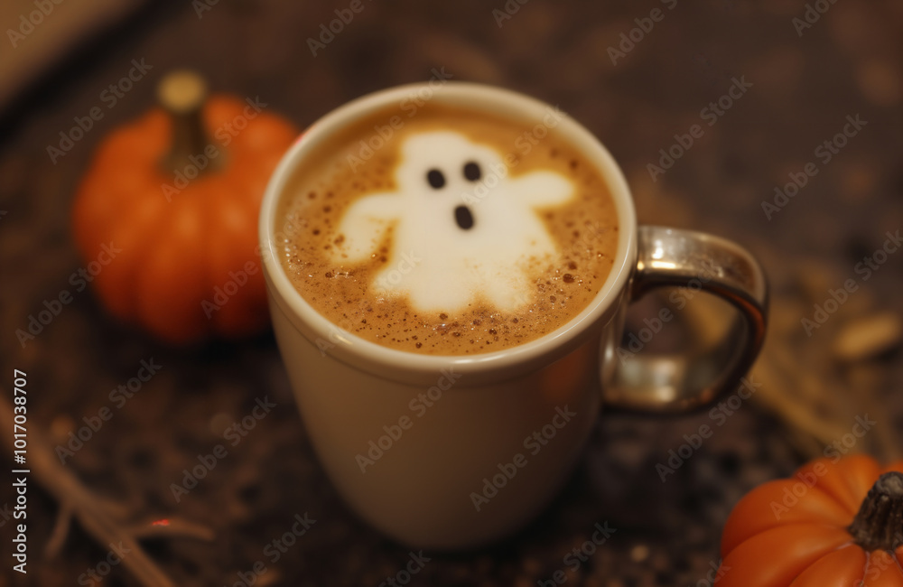 latte cup with foam pattern in the form of a ghost, with autumn leaves and decorations for Halloween on a wooden background latte cup with foam pattern in the form of a ghost, with autumn leaves and decorations for Halloween on a wooden background