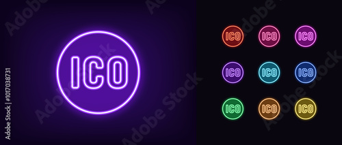 Outline neon ICO icon set. Glowing neon round tag for Initial coin offering. New token on crypto exchange, attract money with ICO, launch new cryptocurrency, investments in crypto coins. Vector icons