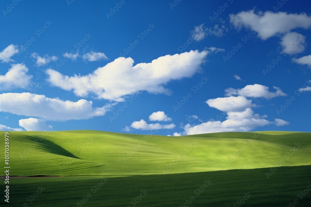A beautiful summer or spring landscape with green grass on the hills and green fields. The blue sky is filled with white clouds and bright sunlight. Nature as a background. A beautiful summer or spring landscape with green grass on the hills and green fields. The blue sky is filled with white clouds and bright sunlight. Nature as a background.