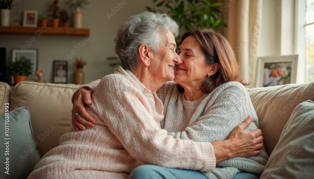 Loving Embrace Between Elderly Mother and Adult Daughter at Home Loving Embrace Between Elderly Mother and Adult Daughter at Home
