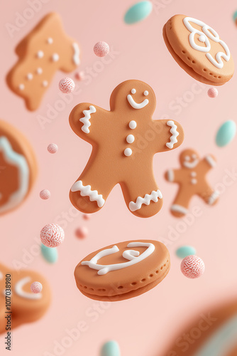 Floating gingerbread cookies with pastel icing decorations, fun holiday treat, light and playful dessert, festive Christmas snack in whimsical winter scene photo