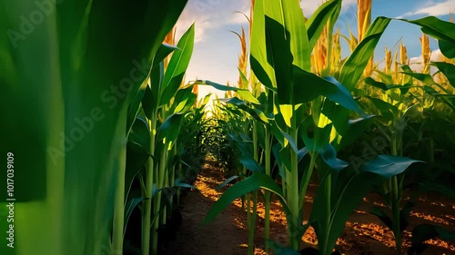 Rows of Green Corn Stalks Growing in Field at Sunset

 photo